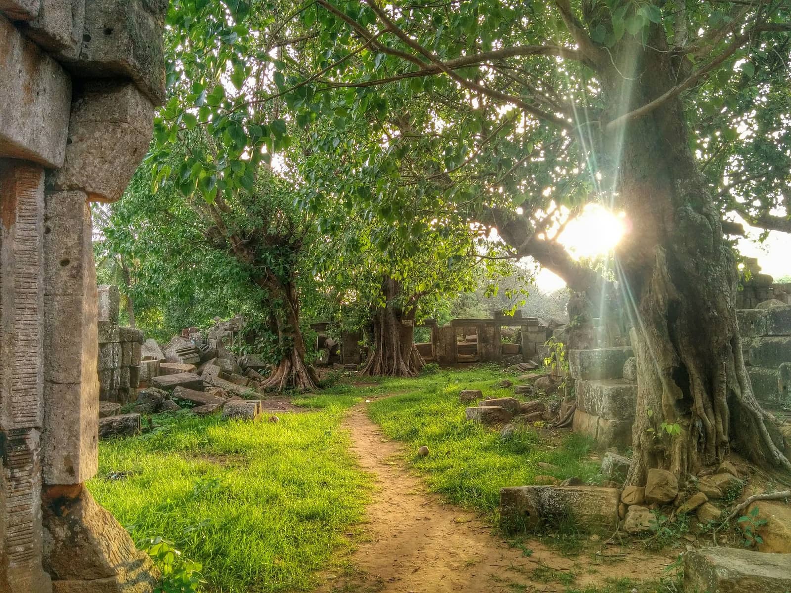 A path through the ruins of Ek Phnom, carved sandstone blocks scattered in the grass under fig trees with low sun breaking through the branches