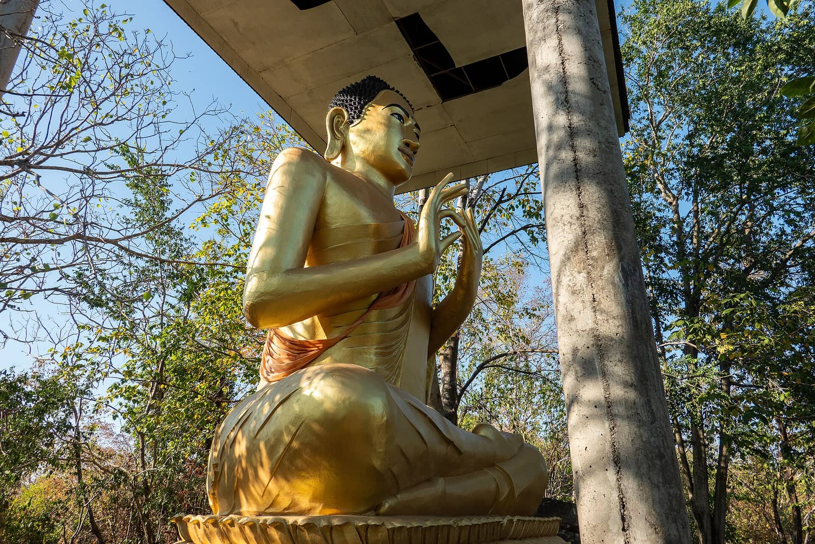 A large gilded seated Buddha under an open concrete shelter among trees on the hill at Phnom Sampeau